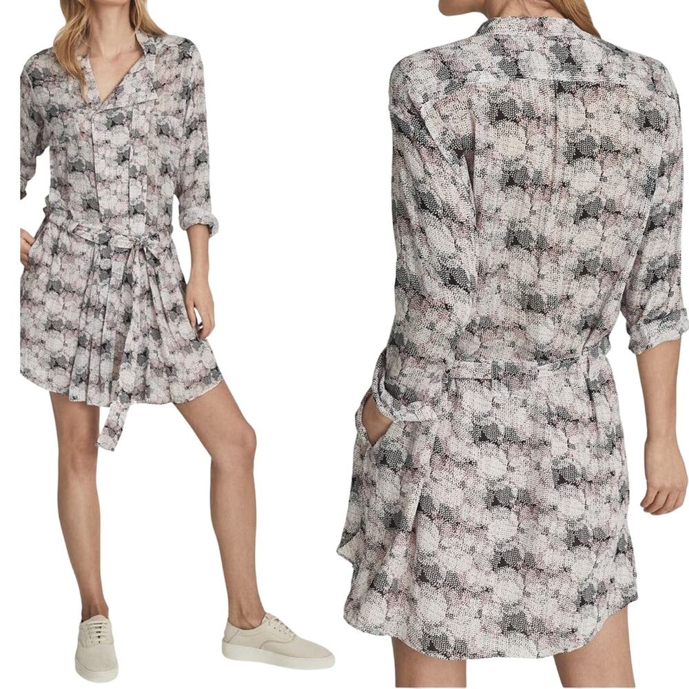 Reiss Mini Shirt Dress Light Pink Black Graphic Print Long Sleeve Belted